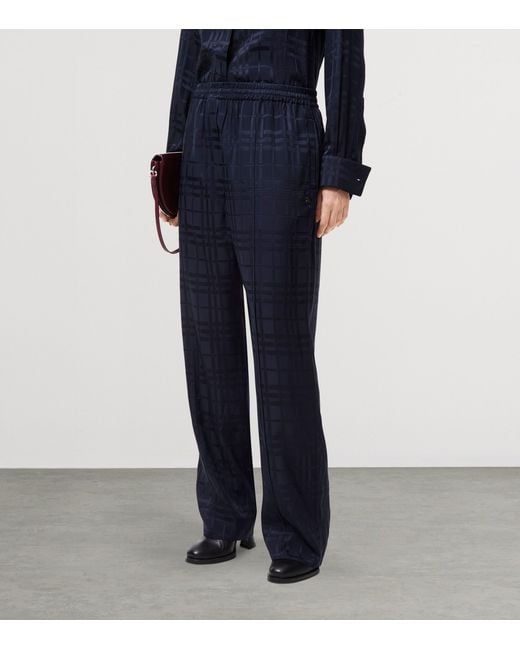 Burberry Blue Silk Check Straight-Leg Trousers