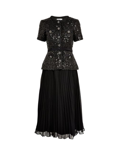 Self-Portrait Black Bouclé Sequinned Midi Dress