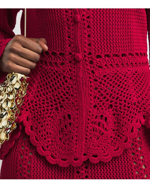 Erdem Red Cotton Crochet Peplum Cardigan
