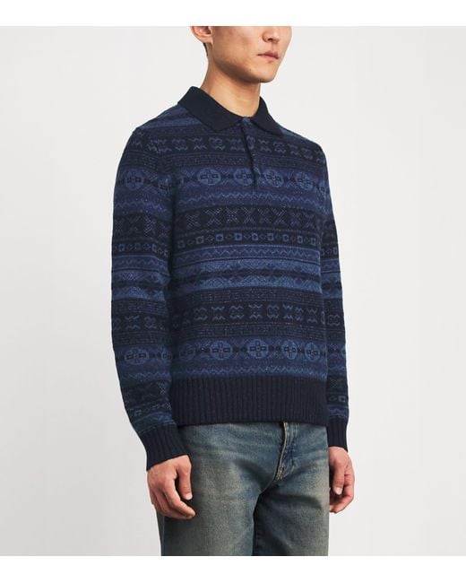 Ralph Lauren Blue Wool-Linen Fair Isle Polo Sweater for men