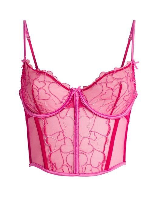 Skims Pink Tulle Embroidered Hearts Demi Corset