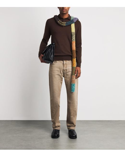 Allude Brown Virgin Wool Open-Collar Polo Sweater for men