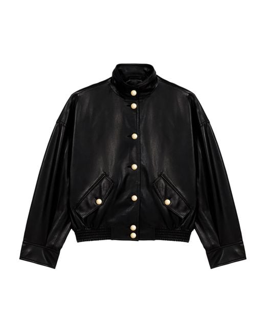 Maje Black Leather Funnel-Neck Jacket