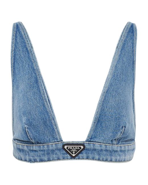 Prada Blue Triangle Logo Denim Bralette Top