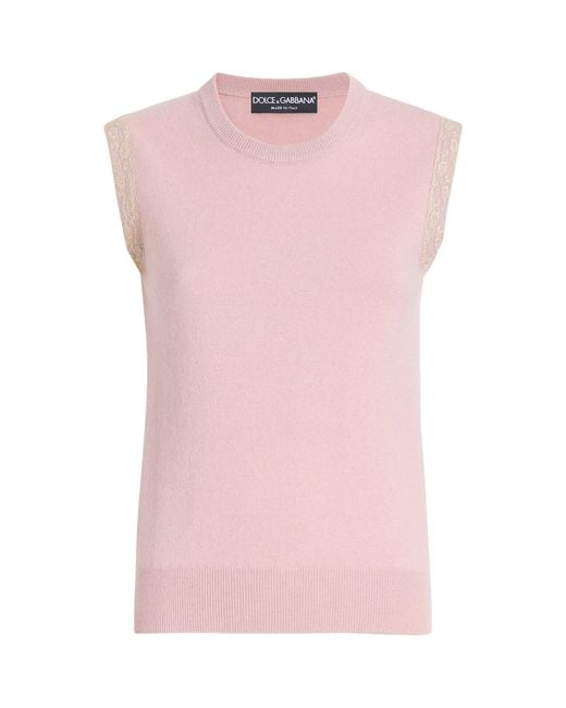 Dolce & Gabbana Pink Cashmere Lace-Trim Tank Top