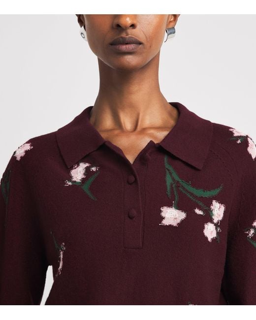 Erdem Red Merino Wool Floral Polo Sweater