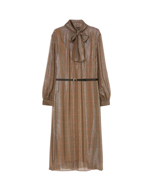 Marina Rinaldi Brown Silk-Blend Metallic Tartan Midi Dress