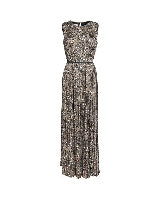 Lafayette 148 New York Gray Leopard Print Satin Belted Maxi Dress