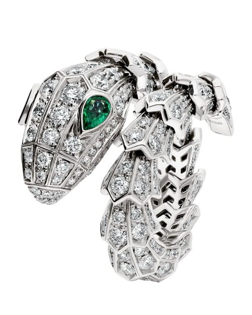 BVLGARI Metallic Diamond And Emerald Serpenti Ring