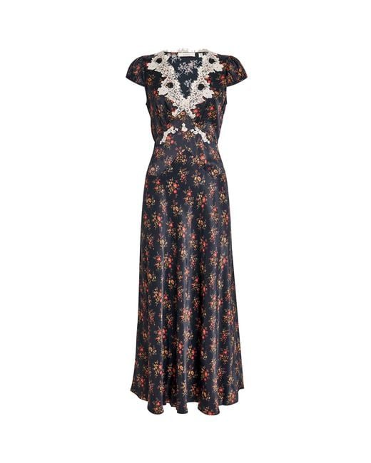 Doen Black Satin Floral Coraline Midi Dress