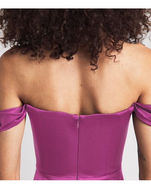 Alex Perry Purple Satin Crepe Off-Shoulder Gown