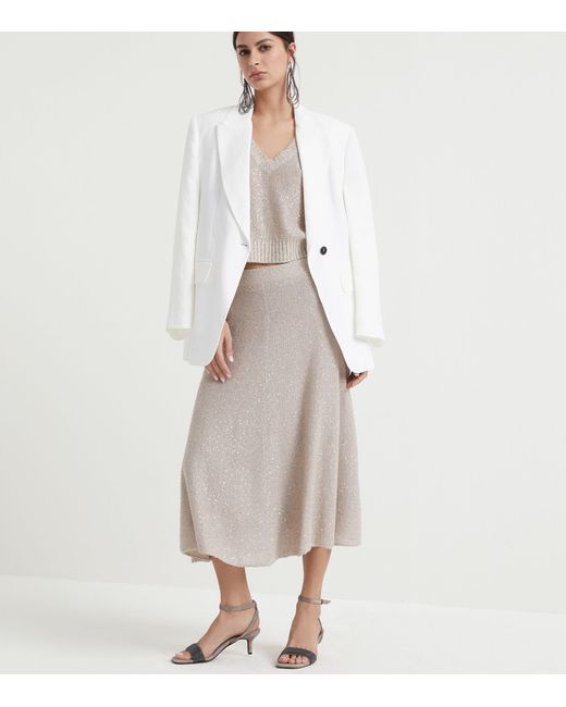 Brunello Cucinelli Gray Linen-cashmere-silk Sequinned Midi Skirt