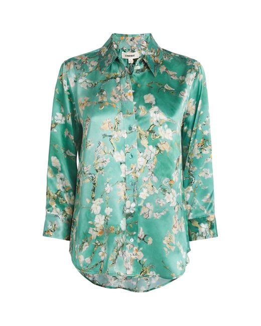 L'Agence Green Silk Cherry Blossom Print Blouse