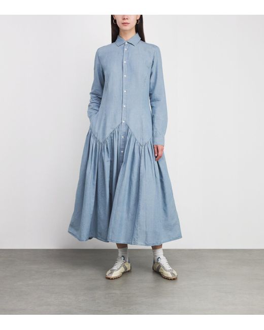 Polo Ralph Lauren Blue Cotton-Linen Midi Shirt Dress