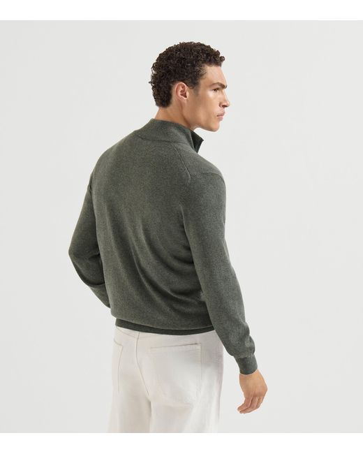 Brunello Cucinelli Green Cashmere Half-Zip Sweater for men