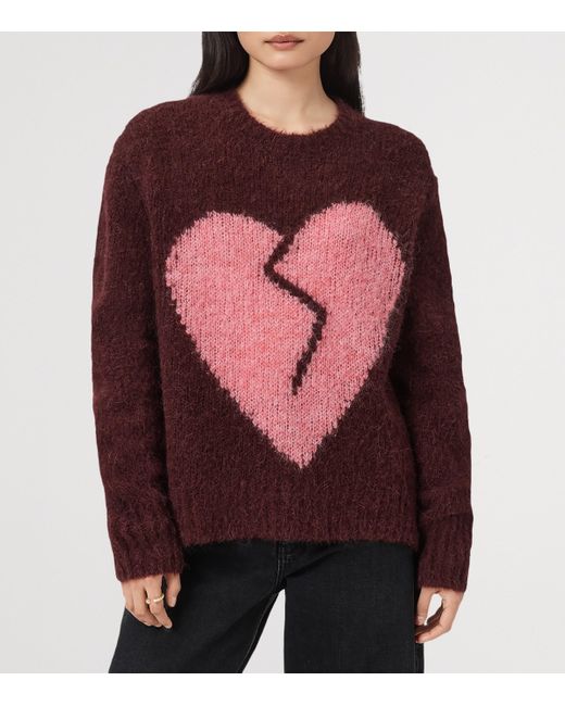 AllSaints Red Wool-Blend Luv Heart Crewneck Sweater