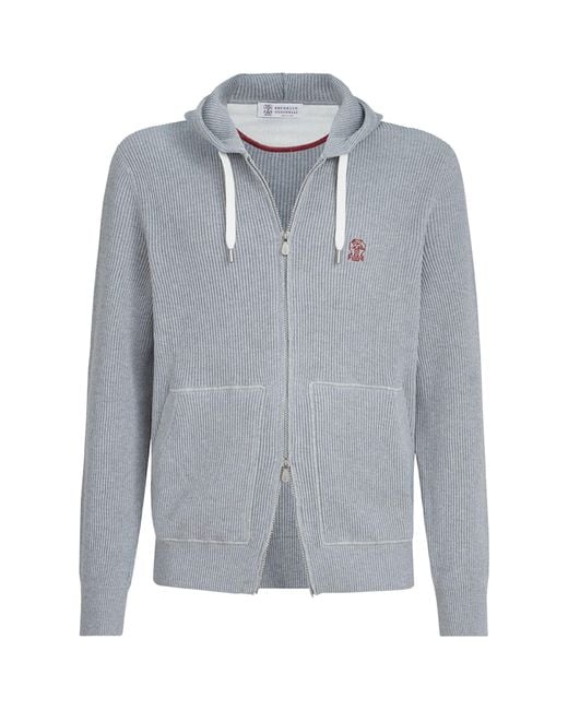 Brunello Cucinelli Gray Cotton Ribbed Zip-Up Hoodie for men