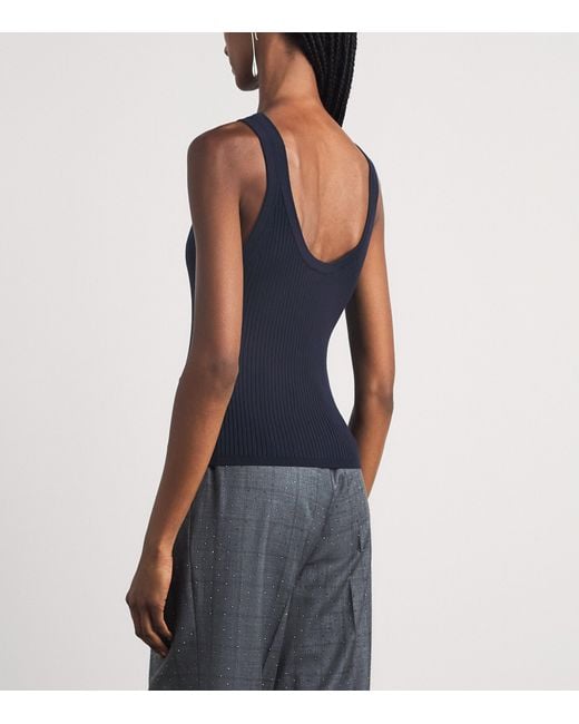 Sandro Blue Rib-Knit Contrast-Placket Tank Top
