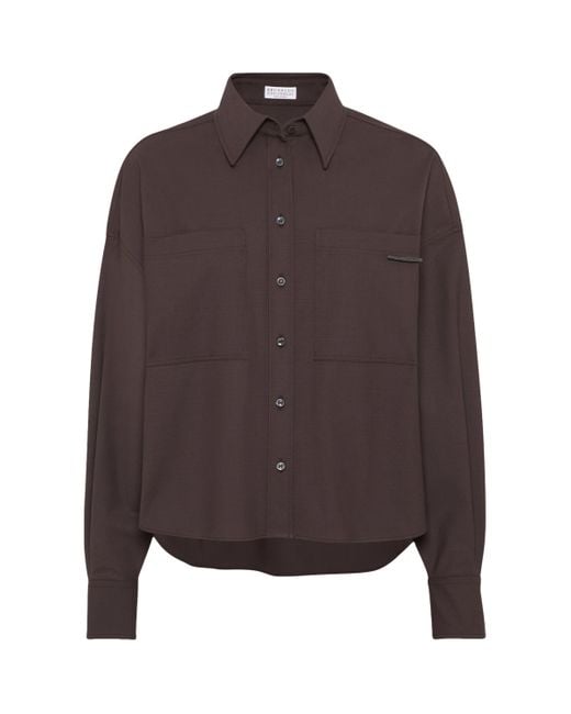 Brunello Cucinelli Brown Virgin Wool-Blend Monili-Tab Shirt