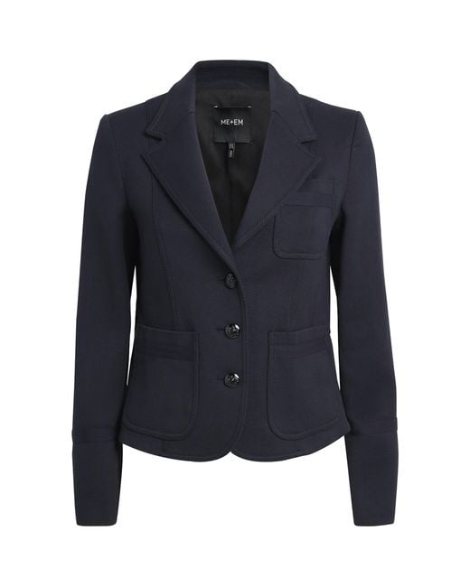 ME+EM Blue Cotton-Blend Herringbone Cropped Jacket