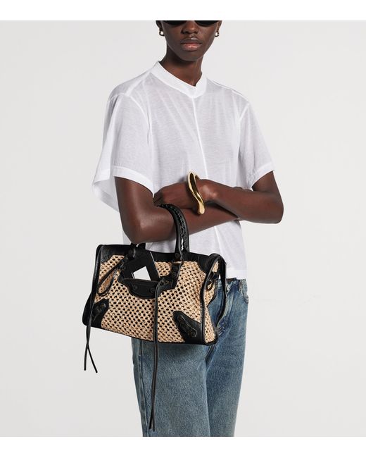 Balenciaga Black Small Raffia-Lambskin Le City Top-Handle Bag