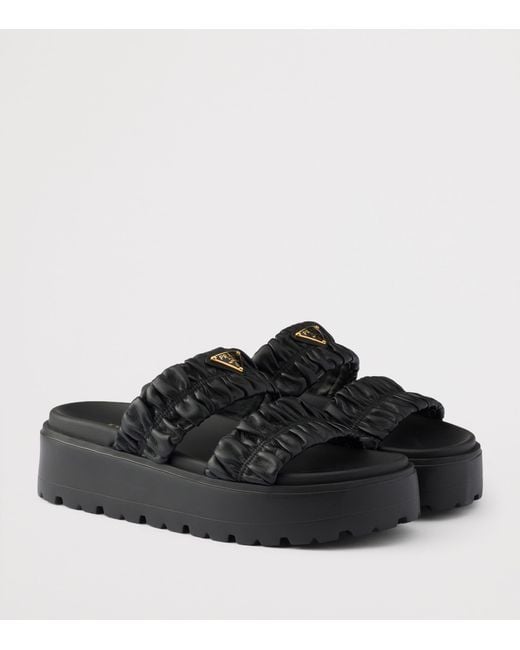 Prada Black Nappa Leather Flatform Slides 45