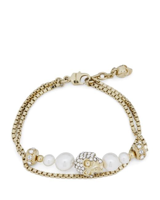 McQueen Metallic Faux Pearl And Skull Bracelet for men