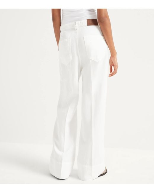 Brunello Cucinelli White Cotton-Linen Wide-Leg Trousers