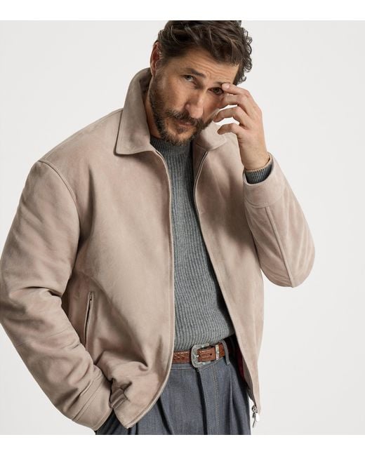 Brunello Cucinelli Brown Suede Two-Way Zip Jacket for men