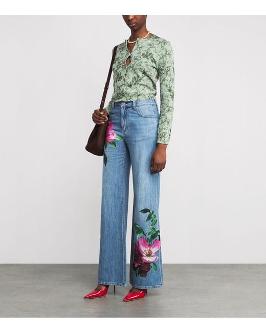 Alice + Olivia Blue Floral Print Chic Wide-Leg Jeans