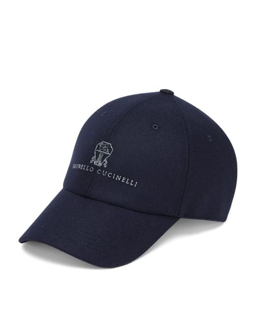 Brunello Cucinelli Blue Virgin Wool Embroidered Baseball Cap for men