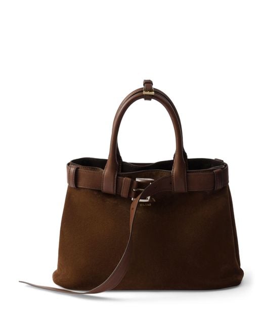 Prada Brown Medium Suede Buckle Tote Bag