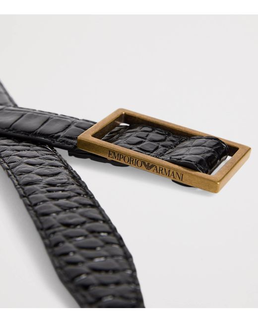 Emporio Armani Black Leather Crocodile-Embossed Plate Belt for men