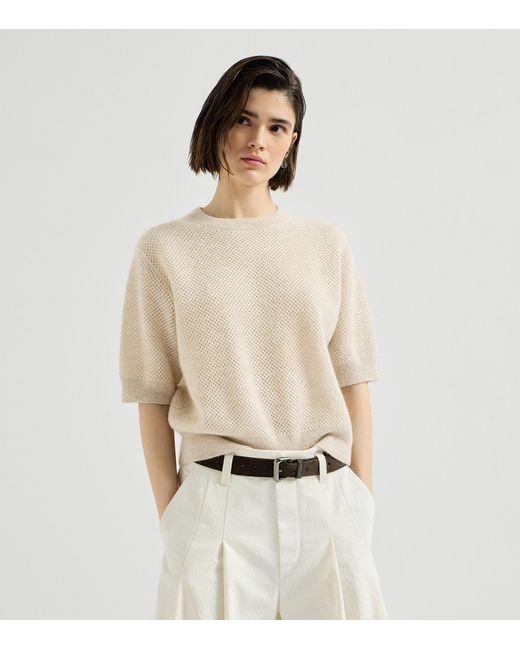 Brunello Cucinelli White Sparkling Short-Sleeve Sweater