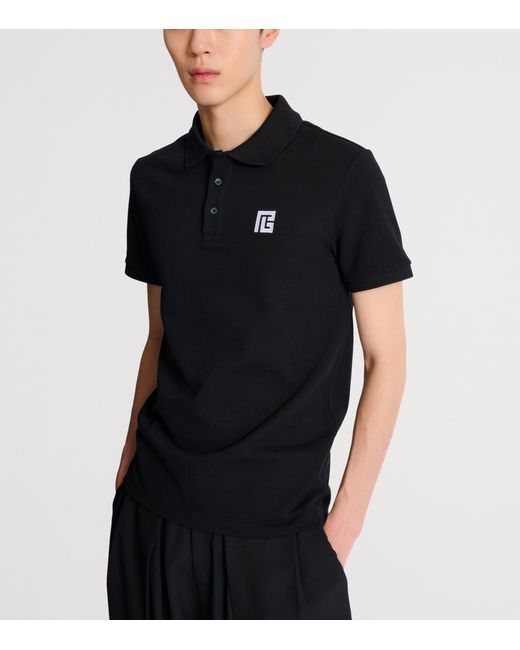 Balmain Black Cotton Logo-Embroidered Polo Shirt for men