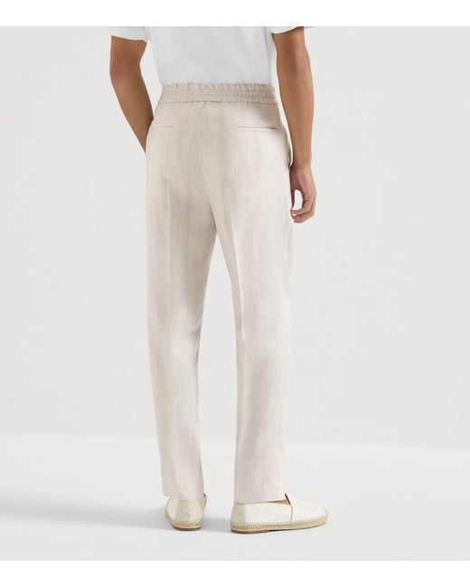 Brunello Cucinelli White Linen Drawstring Trousers for men