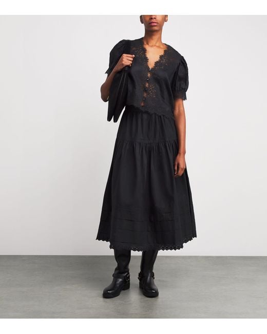 Doen Black Ramie Lace-Trim Idella Blouse