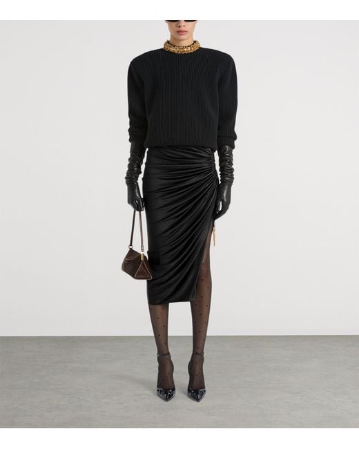 Balmain Black Jersey Ruched Midi Skirt