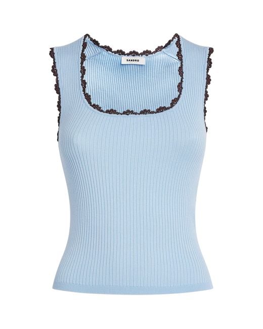 Sandro Blue Crochet-Trim Tank Top