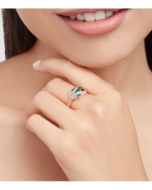 BVLGARI Metallic Diamond, Sapphire And Malachite Serpenti Ring