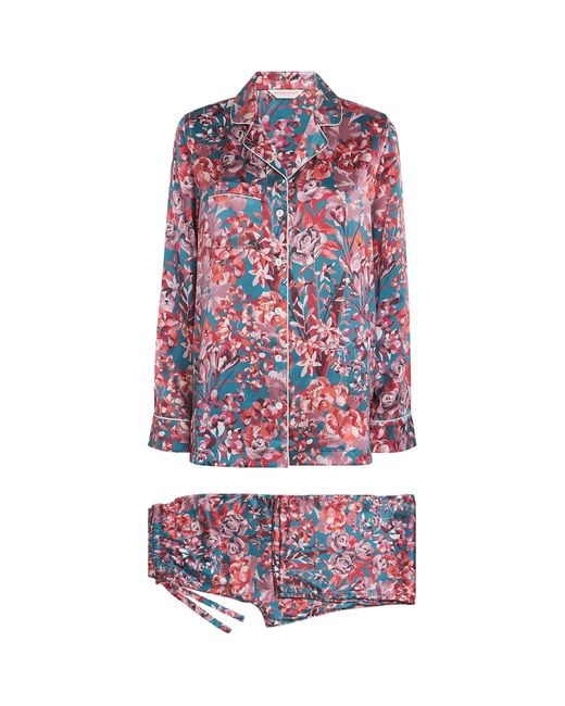 Derek Rose White Silk Floral Long Pyjama Set