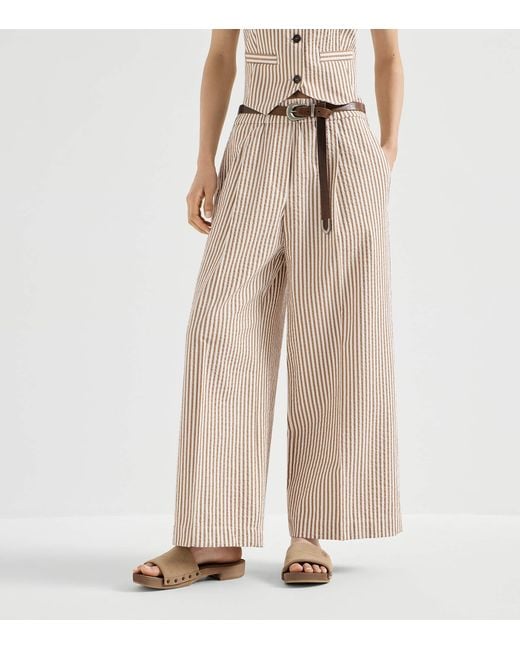 Brunello Cucinelli Natural Techno-Cotton Stripe Wide-Leg Trousers