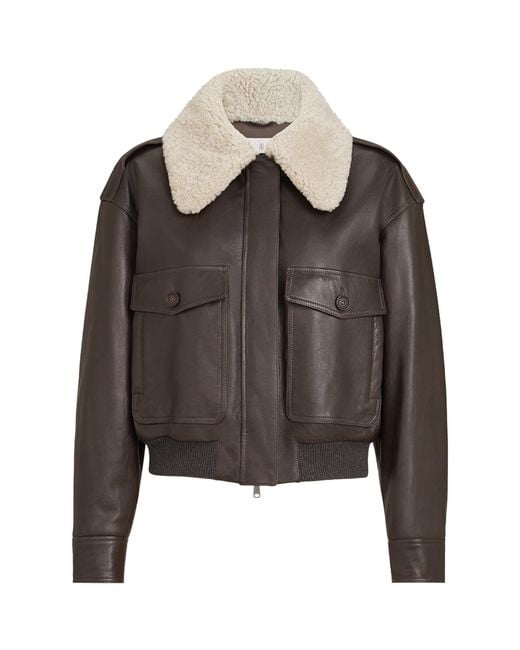 Brunello Cucinelli Brown Nappa Leather Shearling Collar Aviator Jacket