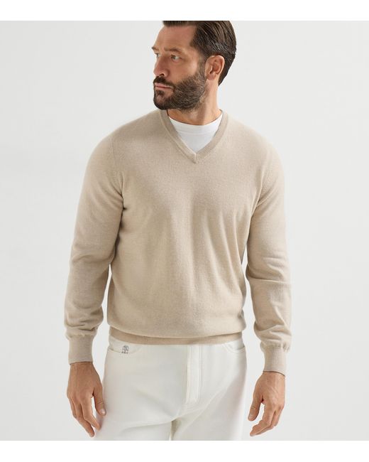 Brunello Cucinelli White Cashmere V-Neck Sweater for men