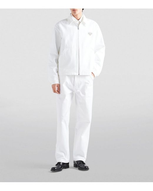 Prada White Brand-plaque Raw-treatment Boxy-fit Denim Blouson Jacket for men