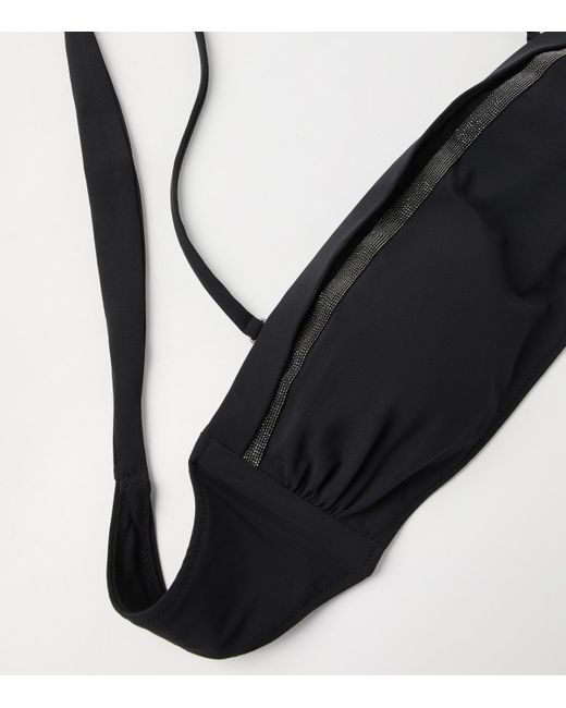 Brunello Cucinelli Black Techno Jersey Monili-Trim Bikini Top
