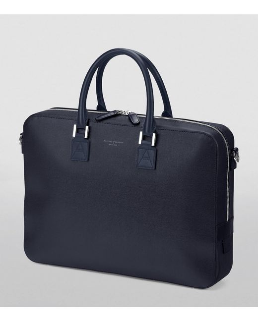Aspinal Blue Leather Mount Street Briefcase Bag for men