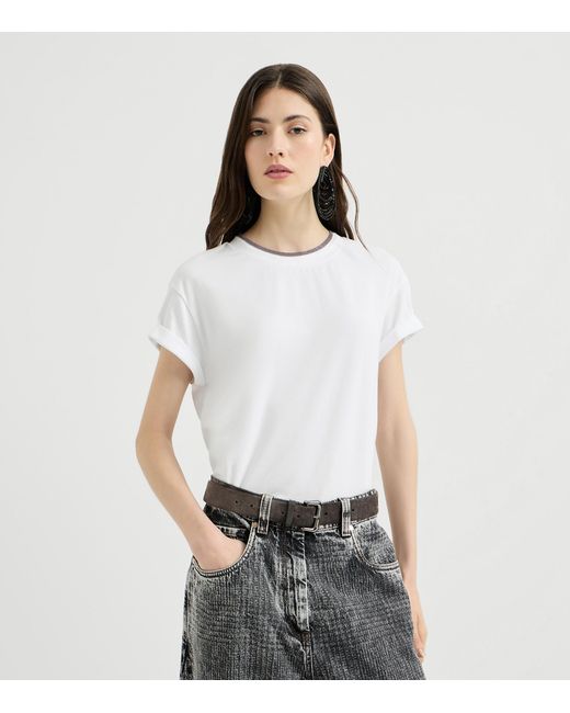 Brunello Cucinelli White Stretch-Cotton Monili-Detail T-Shirt