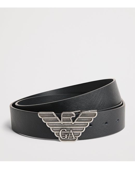 Emporio Armani Black Leather 2-Buckle Reversible Belt Set for men