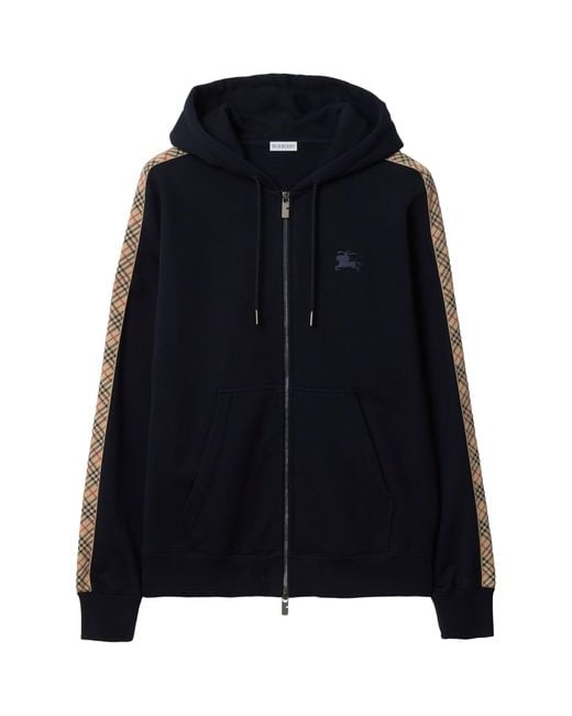 Burberry Black Cotton Check-Trim Zip-Up Hoodie for men